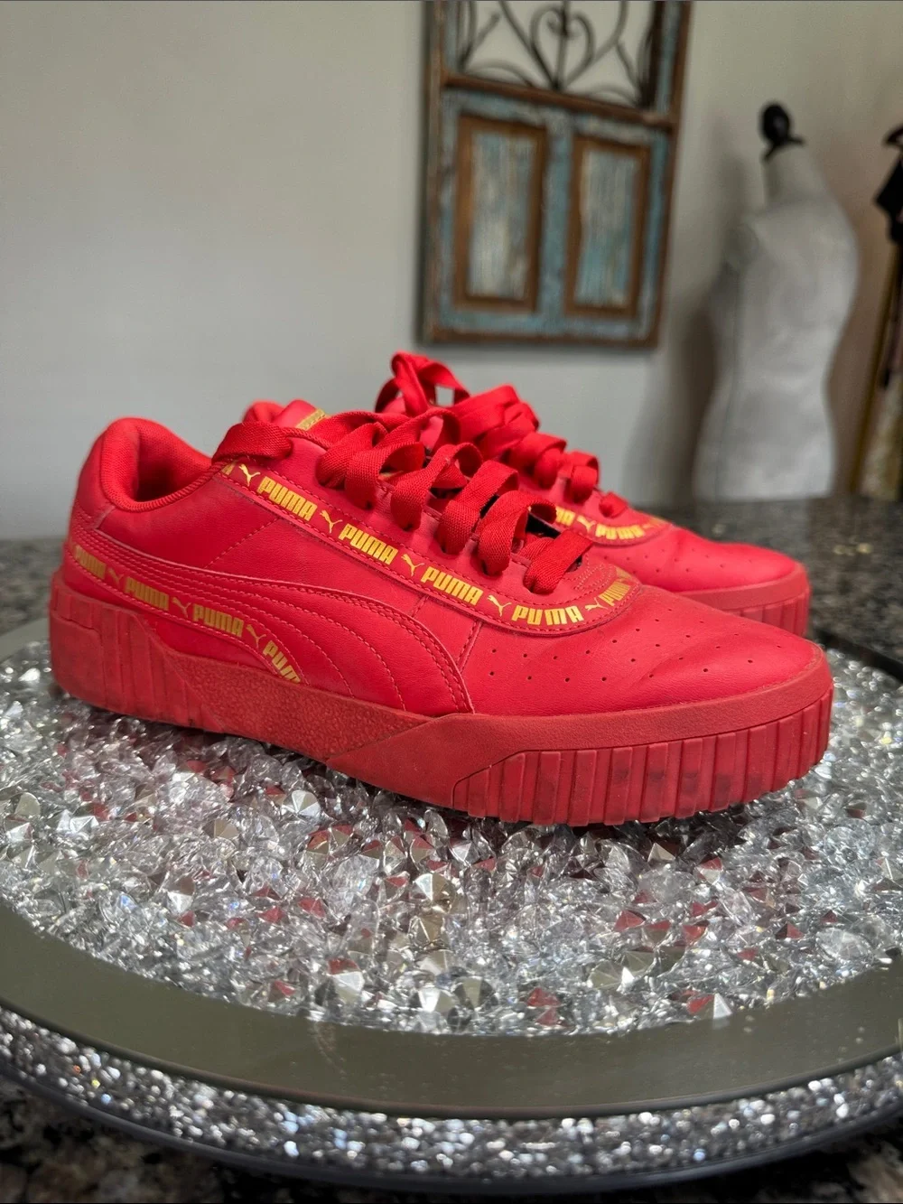 Puma Red Platform Sneakers with Yellow Logo Stripe 7C